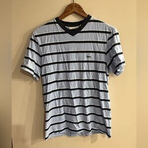 LACOSTE Women’s Light Blue Striped Regular Fit V-Neck Short Sleeve Tee Size M